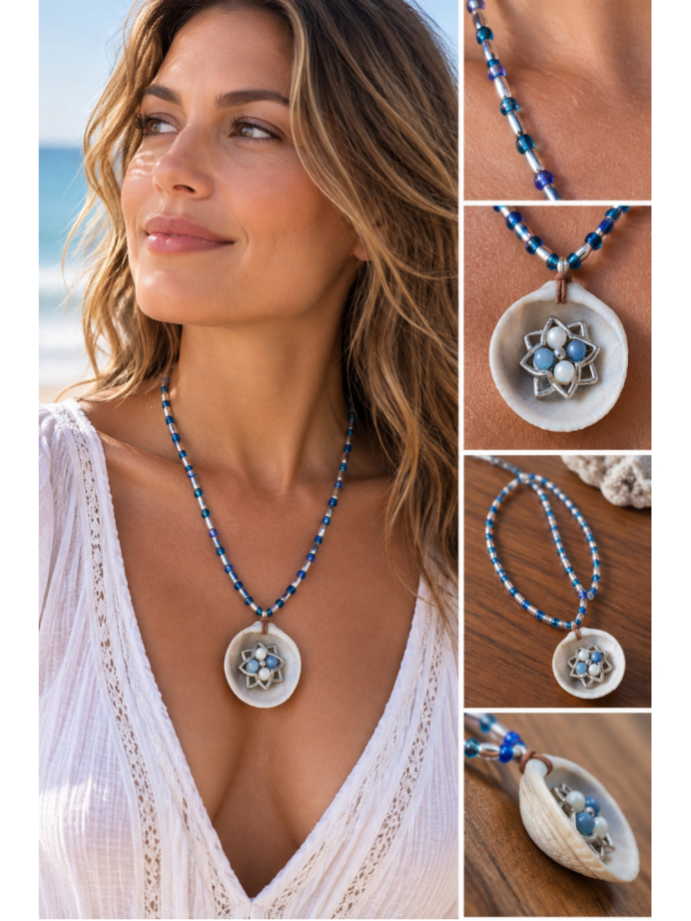 Handcrafted Women's Unbranded Shell Beaded Necklace One Size Blue White